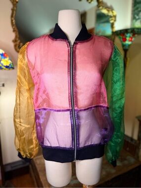 Sheer Organza Colorblock Bomber Jacket - Pink/Yellow/Green